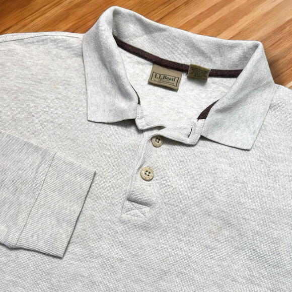 L.L Bean Long Sleeve Rugby Shirt Men Sz L-Tall Waffle Thermal Classic Fit Beige - Picture 1 of 11